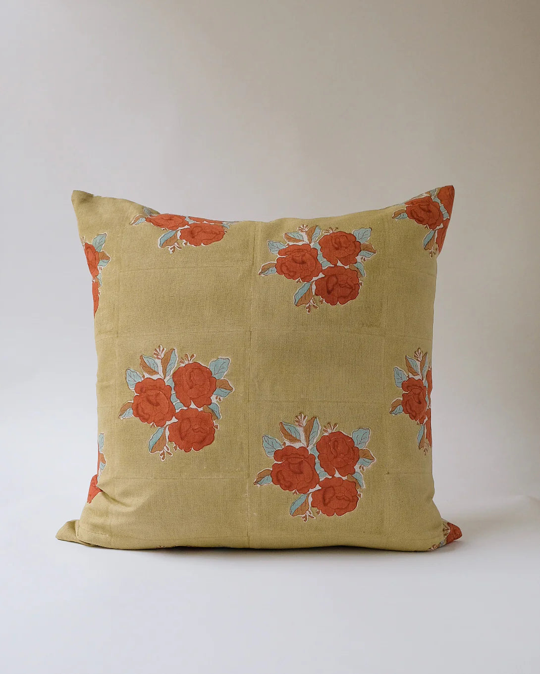 Sara, Hand Block-printed Linen Pillow, Khaki Sage 22x22"