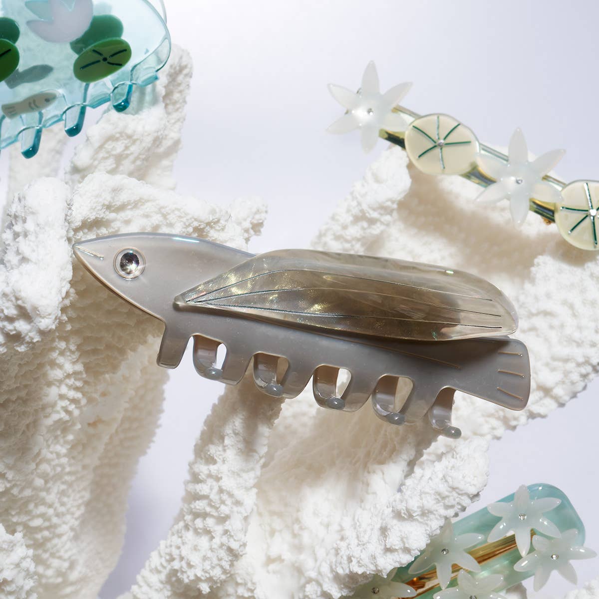 Flying Fish Silver Acetate  Hair Claw Clip with Rhinestone
