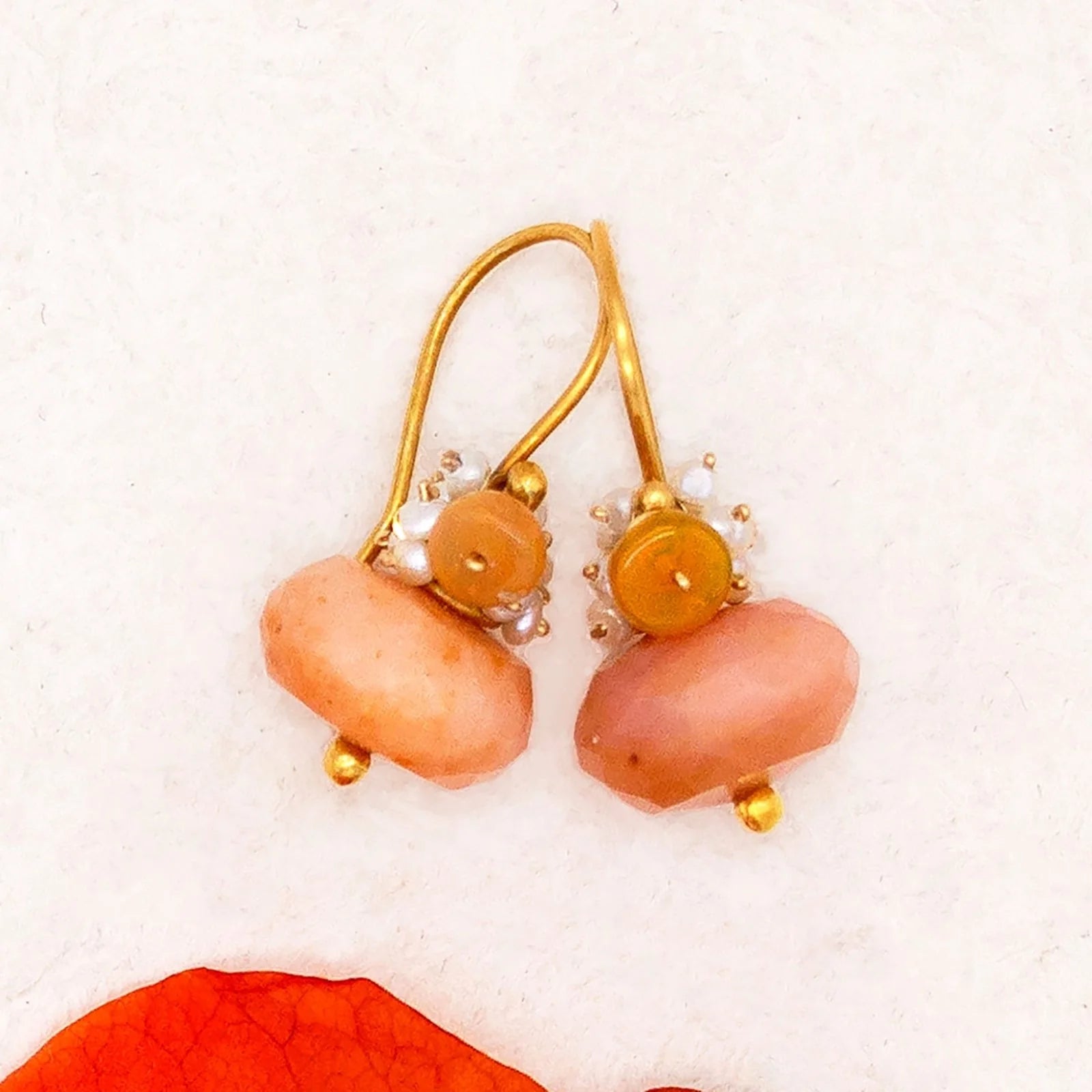 Pink Opal With Pearl Fringe Earrings